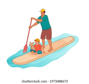 Standing man with boy is paddling with paddle board on the water. Sup boarding outdoor activity. Vector isolated colorful illustration in outline style. 