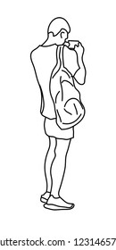 Standing man with camera silhouette, black and white sketch.