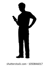 Standing man with cellphone silhouette vector