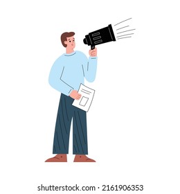 Standing man character speaking by bullhorn with newspaper in hand flat style, vector illustration isolated on white background. Cancelled culture concept