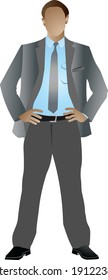 A standing man in a classic gray jacket and trousers. Business style. Vector illustration of a character with an unrecognizable anonymous face.