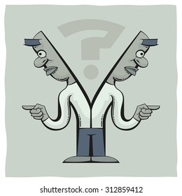 Standing man with divided body is solving a dilemma