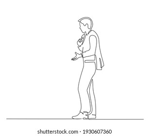 Standing man emotionally gesturing. Continuous one line drawing. Vector illustration.