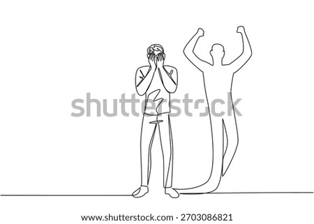 Standing man with face in hands crying beside a flexing shadow in continuous line drawing, honoring National Posttraumatic Growth Day with a health concept, show recovery, courage, resilience, hope 