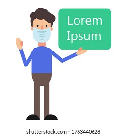 Standing man with face mask showing empty advertising placard, vector