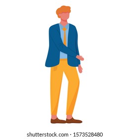 Standing man flat vector illustration. Elegant office worker. Guy in business suit. Full body caucasian gesturing businessman in stylish clothes isolated cartoon character on white background