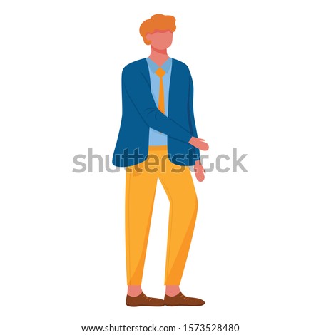 Standing man flat vector illustration. Elegant office worker. Guy in business suit. Full body caucasian gesturing businessman in stylish clothes isolated cartoon character on white background