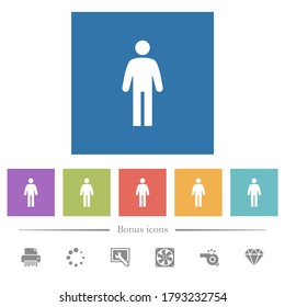 Standing man flat white icons in square backgrounds. 6 bonus icons included.