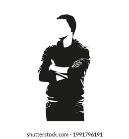 Standing man with folded arms, abstract isolated vector silhouette, ink drawing illustration. Adult man portrait