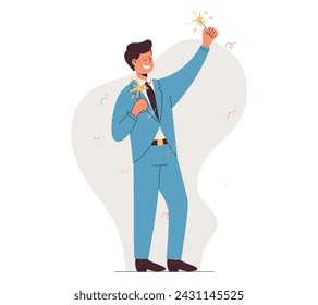 Standing man in a formal suit with sparklers. Joyful businessman celebrating a holiday at work in the office. Vector isolated flat illustration.