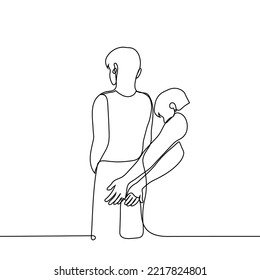standing man is grabbed or slapped on the buttocks by another man - one line drawing vector. concept homosexual harassment, man playing with best friend