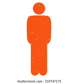 Standing Man grainy textured orange icon for overlay watermark stamps. Flat symbol with dirty texture. Dotted vector ink rubber seal stamp with grunge design on a white background.