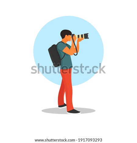 Standing man holding DSLR camera. Guy shooting with big lense. Digital photography. Photographer work. Traveling picture. Journalist job. News reporter. Photo studio flat vector character illustration