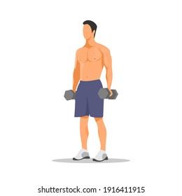 Standing man holding dumbbells. Muscular guy workout icon. Gym activity. Bodybuilder pose. Bodybuilding program. Muscle gain. Fit and healthy. Fitness concept. Flat vector character illustration.