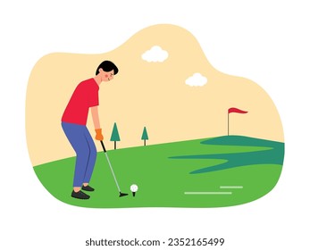 Hombre de pie sostiene un club de golf con guantes, jugando golf con hermosas vistas verdes, por supuesto. Diseño de caracteres. Ilustración plana vectorial.