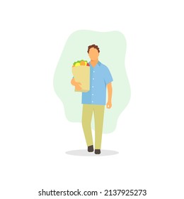 Standing man holding groceries simple flat vector character illustration.