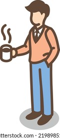 Standing man holding hot cup. Isometric person with coffee