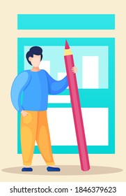 Standing man holding a large pink pencil in his hands. Creative thinking, innovative idea, innovation. Inspiration for artist, creator. Guy on the background of square robot head or bookcase