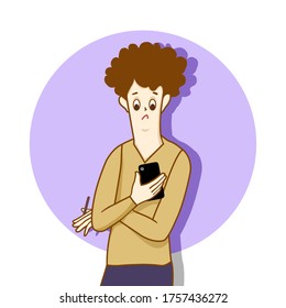 Standing man holding, looking on smartphone and thinking about something.