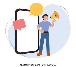 standing man holding megaphone in front of big cell phone. promotion concept. online promotion. illustration of a young man doing a promotion using a megaphone