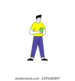 Standing man holding a phone vector illustration.