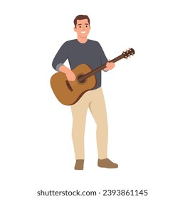 Hombre de pie sosteniendo y tocando guitarra acústica.  Ilustración vectorial plana aislada en fondo blanco