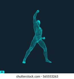 Standing Man. Human with arm up. Silhouette for sport championship. The victory celebration. 3D Model of Man. Vector Illustration.
