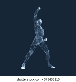 Standing Man. Human with arm up. Silhouette for sport championship. The victory celebration. 3D Model of Man. Vector Illustration. 
