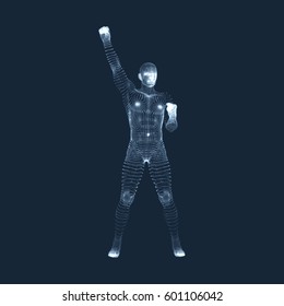 Standing Man. Human with arm up. Silhouette for sport championship. The victory celebration. 3D Model of Man. Vector Illustration.