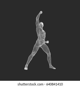 Hombre de pie. Humano con el brazo arriba. Silhouette para el campeonato deportivo. La celebración de la victoria. Modelo 3D de hombre. Ilustración vectorial.