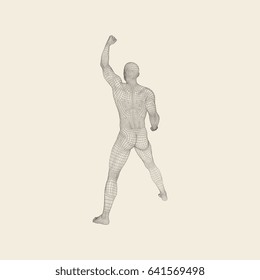 Ständiger Mann. Menschen mit Arm nach oben. Silhouette für die Sportmeisterschaft. Die Siegesfeier. 3D-Modell des Menschen. Vektorgrafik.