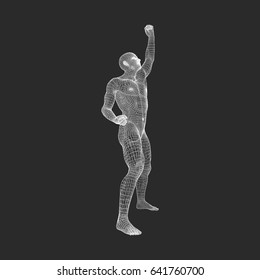 Standing Man. Human with arm up. Silhouette for sport championship. The victory celebration. 3D Model of Man. Vector Illustration.