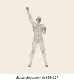 Standing Man. Human with arm up. Silhouette for sport championship. The victory celebration. 3D Model of Man. Vector Illustration.