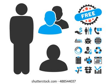 Standing Man icon with bonus pictogram. Vector illustration style is flat iconic bicolor symbols, blue and gray colors, white background.