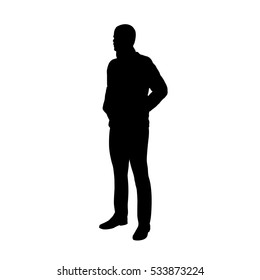 Standing man in jacket, hands in pockets, vector silhouette. 