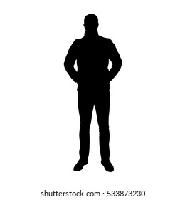 Standing man in jacket, hands in pockets, vector silhouette. 