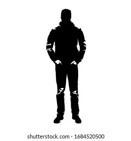 Standing man in jacket and jeans, front view. Abstract isolated vector silhouette. Ink drawing. Young adult man with hands in pockets