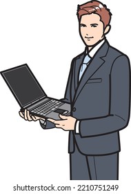 Standing man with laptop computer.