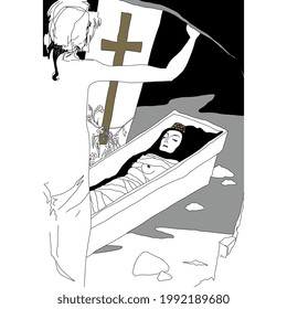 Standing man looking at a beautiful dead woman lying in open sarcophagus. Fantastic scene. Male and female archetypes. Hand drawn original style graphic art. vector illustration.