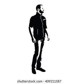 Standing man looks around. Vector illustration of cartoon character. Young man with beard in sweatshirt and jeans.