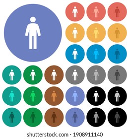 Standing man multi colored flat icons on round backgrounds. Included white, light and dark icon variations for hover and active status effects, and bonus shades.