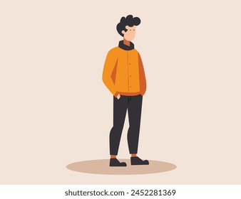 standing man with orange jacket