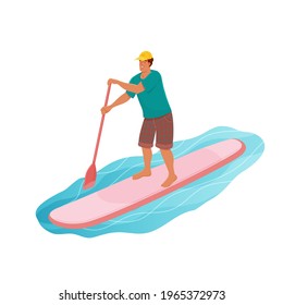 Standing man is paddling with paddle board on the water. Sup boarding outdoor activity. Vector isolated colorful illustration in cartoon style. 