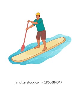 Standing man is paddling with paddle board on the water. Sup boarding outdoor activity. Vector isolated outline colorful illustration in cartoon style. 