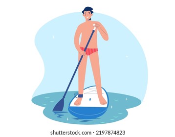 Standing man is paddling with paddle board on water. Man in water on sup board. SUP surfing concept. Vector illustration in flat style.