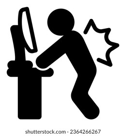 Hombre de pie con un ícono sólido de monitoreo de pc, concepto de officesyndrome, hombre en el símbolo del vector de monitoreo sobre fondo blanco, hombre de pie estilo glifo para el concepto móvil y diseño web. Gráficos vectoriales