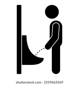 Standing man peeing to a urinal in the restroom vector icon. Male toilet symbol. WC sign. Black silhouette isolated on white background.