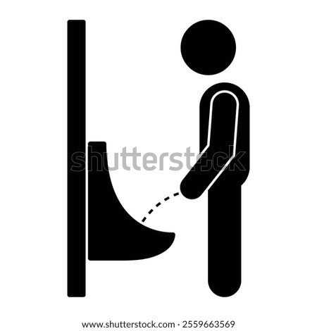 Standing man peeing to a urinal in the restroom vector icon. Male toilet symbol. WC sign. Black silhouette isolated on white background.