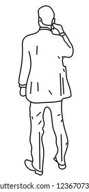 Standing man with phone silhouette, black and white sketch.