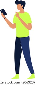 Standing Man Pointing On His Phone - Amazing vector flat illustration of a male character looking on his smartphone suitable for mobile apps, website, design assets, and illustration in general